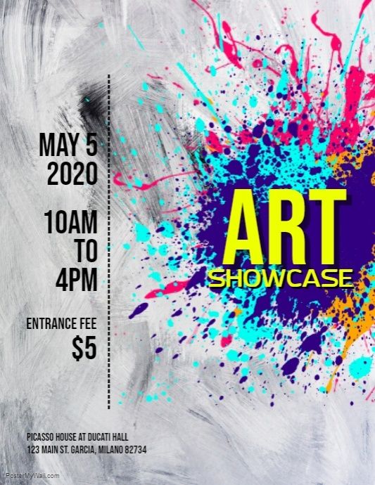 an art showcase poster with paint splattered on it