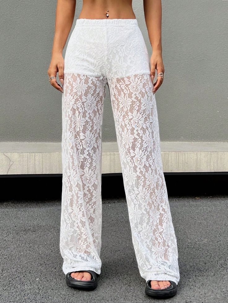 White Sexy Collar  Polyester Colorblock,Plain Straight Leg Embellished Slight Stretch  Women Clothing Lace Pants Outfit, White Lace Pants, Virtual Angel, Pink Hair Accessories, Women Summer Fashion, Lace Pants, Elegant Dresses Long, 80 Dress, Dress Cover