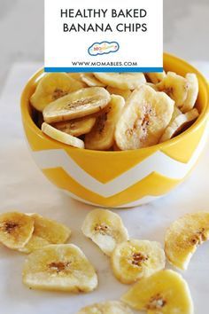 healthy baked banana chips in a yellow and white bowl on a marble counter top with the title above it