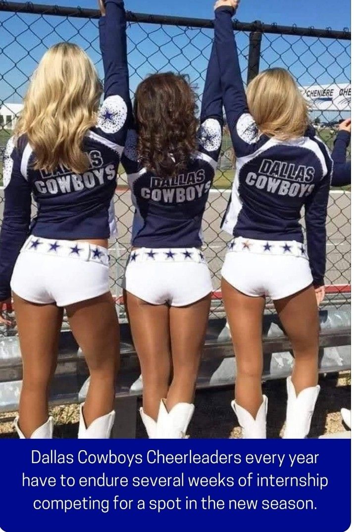 three girls in cowboy outfits are holding their arms up and looking at the sky with text that reads, dallas cowboys cheerleaders every year have to ensure several weeks