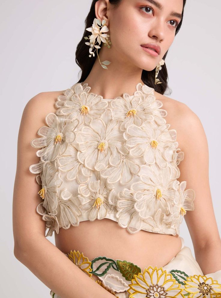 Ivory Daisy Applique Top by Chandrima available on Indiaspopup.com Daisy Applique, Applique Top, International Style, Saree Trends, Appliques, Enchanted, Bead Work, Timeless Elegance, Designer Dresses