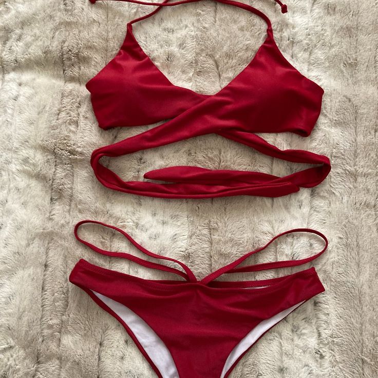 Wrap Around Ties W/ Brazilian Cut String Bikini Bottoms Red Strappy Summer Swimwear, Red Strappy Swimwear For Summer, Red Strappy Beachwear Swimwear, Red Strappy Swimwear, Strappy Stretch Red Swimwear, Red Strappy Swimwear For Vacation, Red Strappy Swimwear For Beach Season, Strappy Red Swimwear For Pool, Aesthetic Swimsuit