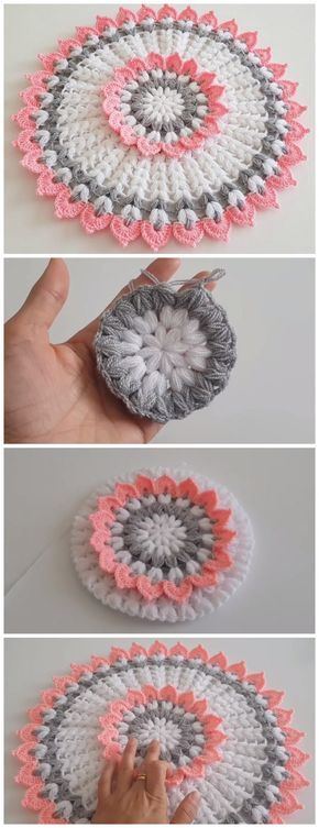 crocheted doily is shown in three different colors, including pink and gray