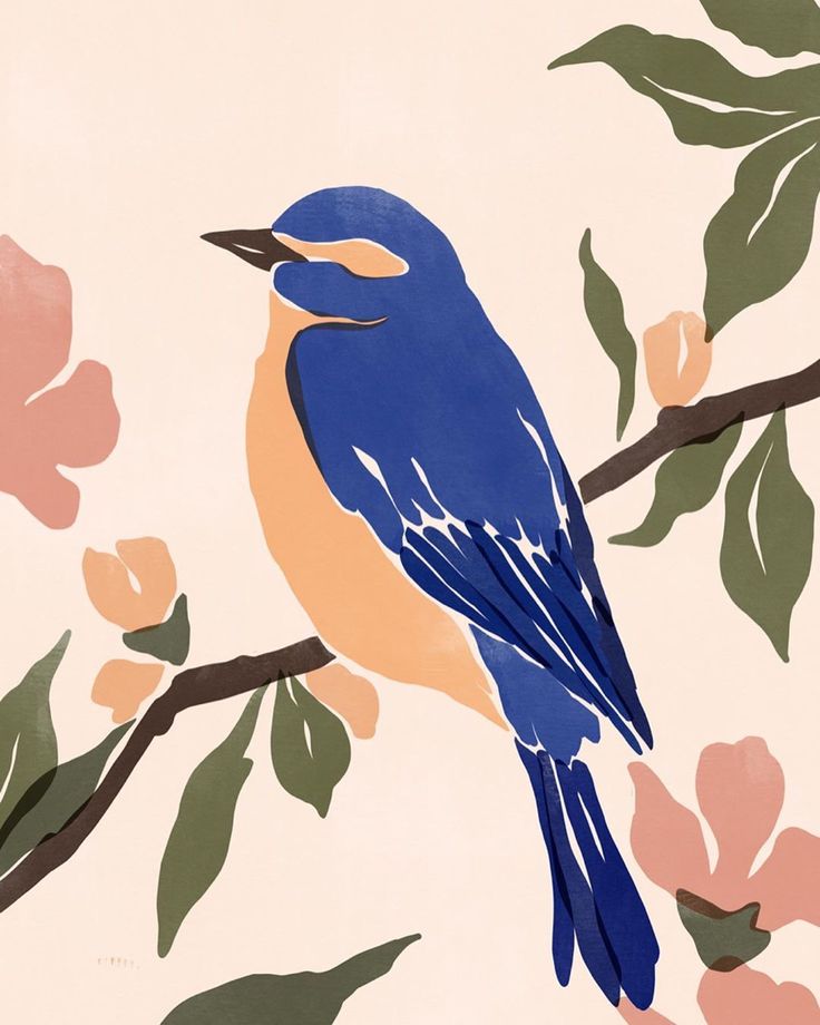 a blue bird sitting on top of a tree branch next to pink and yellow flowers