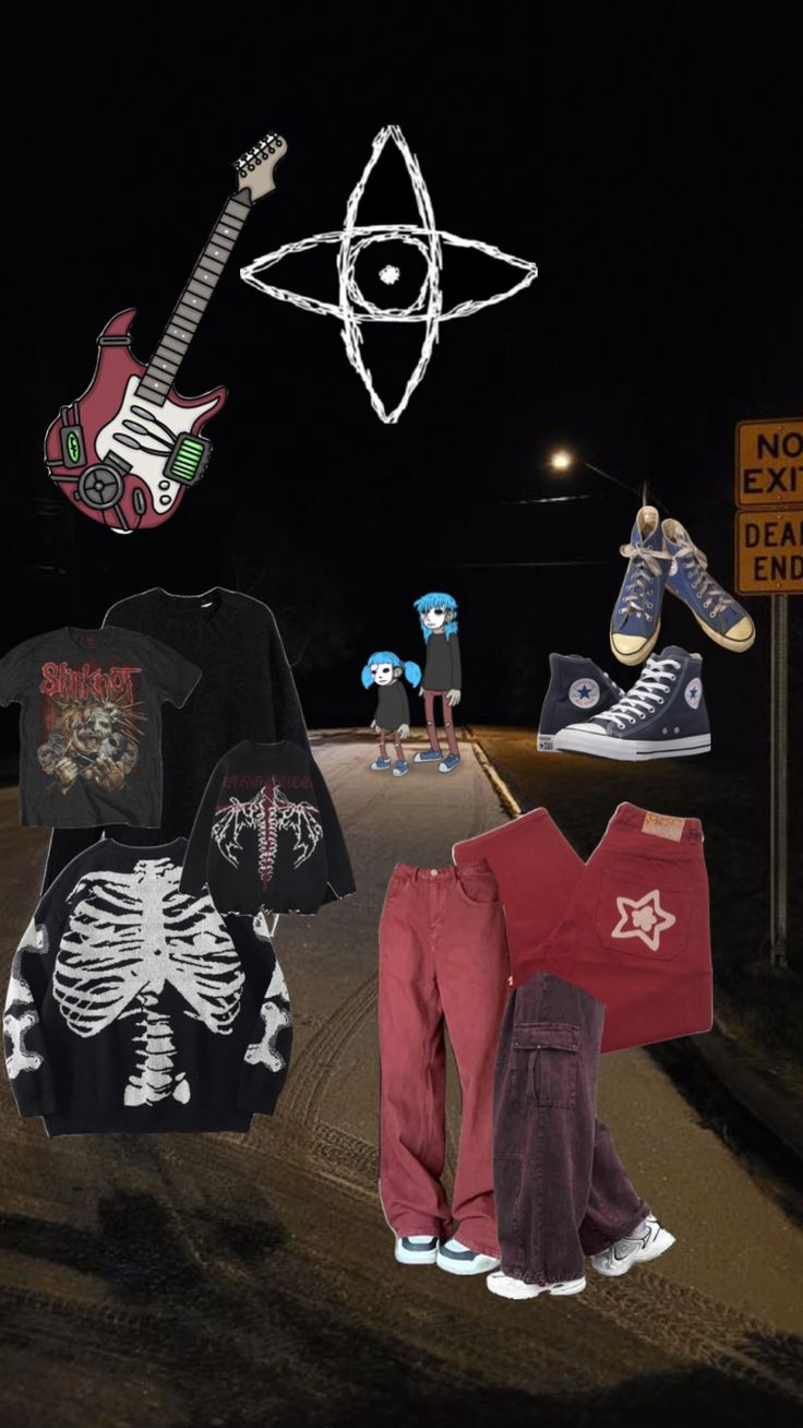 several different types of clothing and shoes on the street at night, including an electric guitar