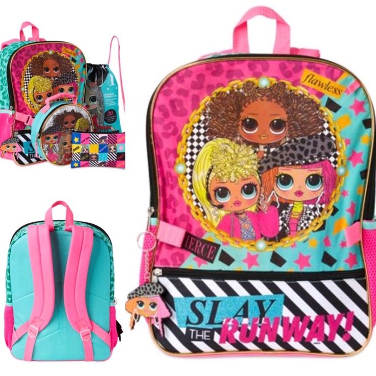 New With Tag Lol Surprised Five Piece Backpack Set Top Zip Closure To Main Compartment Single Front Exterior Zip Pocket Dual Mesh Side Pockets Cinch Bag Case Bag Lunch Kit Rubber Dangle 16”H 12”W 5”D Top Locker Loop Adjustable Padded Shoulder Straps 16”H 12”W 5”D Playful Pink Backpack, Playful Pink Standard Backpack, Trendy Bags For Daycare And Back To School, Pink School Bag For Back To School, Fun Pink Backpack For Back To School, Pink Fun Backpack For Back To School, Trendy Backpack For Playtime, Pink Rectangular Backpack For Daycare, Fun Pink Backpack For Playtime