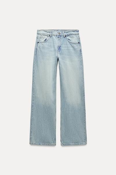 TRF MID-RISE WIDE LEG JEANS - Blue / Gray | ZARA United States Zara Denim Jeans With Five Pockets, Zara Straight Leg Jeans With Pockets, Zara Wide Leg Denim Blue Jeans, Zara High Rise Jeans With Five Pockets, Zara Light Wash Straight Leg Jeans, Zara Jeans Relaxed Fit Straight Leg, High Waist Straight Fit Jeans With Belt Loops, Zara Medium Wash Bottoms For Workwear, Zara Medium Wash Jeans For Fall