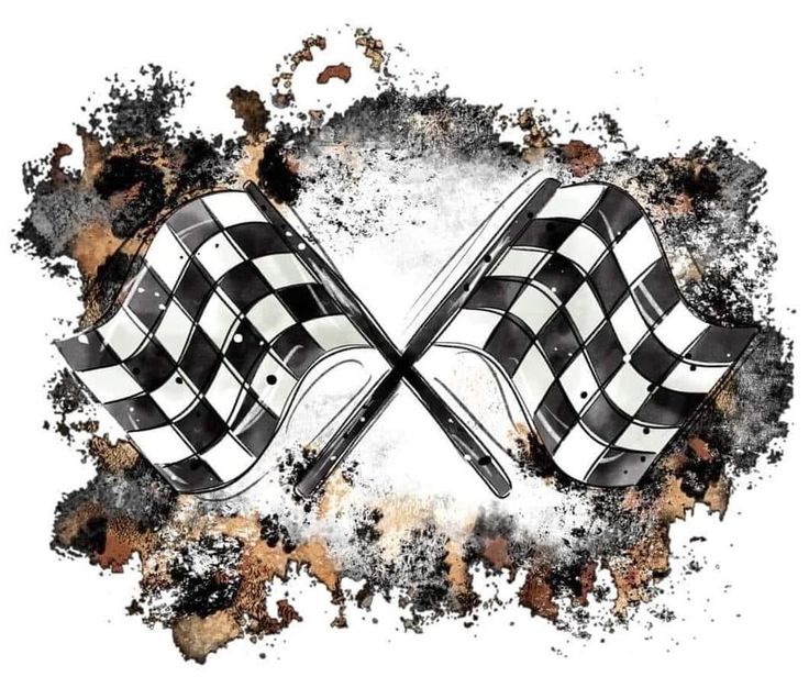 the checkered flag is painted in black and white with paint splatters around it