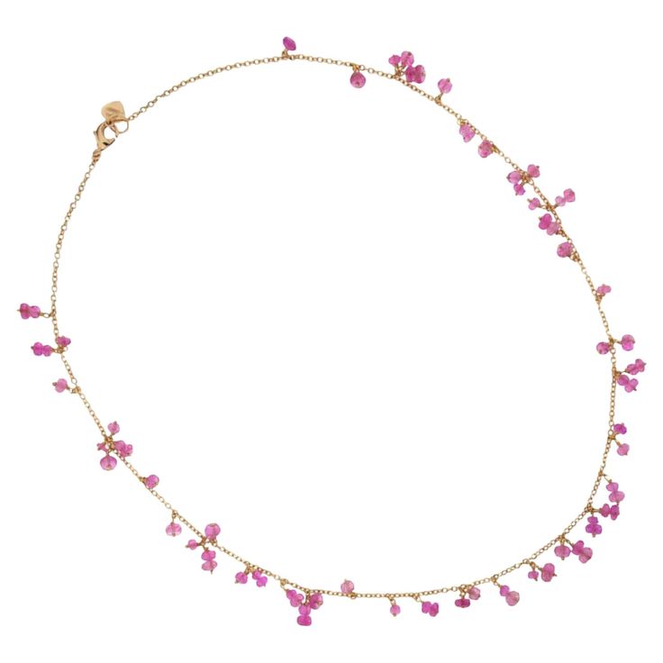 Alex Jona design collection, hand crafted in Italy, 18 karat rose gold chain necklace with pink sapphire bead pendants total carats 22.10. Dimensions: L 17.71 in / 45 cm X D 0,16 in / 4, 06 mm Alex Jona jewels stand out, not only for their special design and for the excellent quality of the gemstones, but also for the careful attention given to details during all the manufacturing process. Alex's passion for jewels flows in splendid pieces entirely hand-crafted according to the best goldsmith It Fine Jewelry Pink Briolette Jewelry, Luxury Pink Briolette Necklace, Delicate Pink Gemstone Beaded Necklaces, Delicate Pink Gemstone Beads Necklace, Delicate Pink Gemstone Bead Necklaces, Pink Delicate Necklace With Gemstone Beads, Yellow Gold Pink Sapphire Necklace, Delicate Pink Beaded Chain Jewelry, Fine Jewelry Faceted Briolette Necklaces