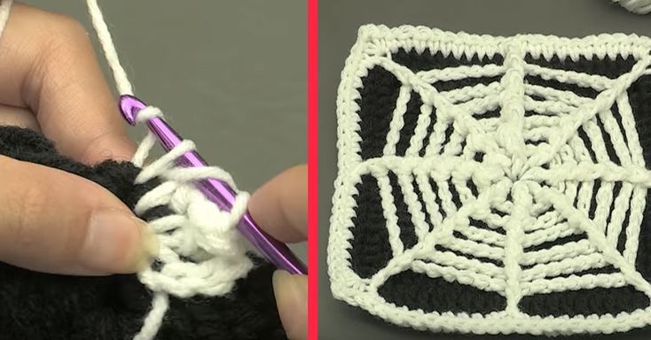 someone crocheting the edges of a black and white square