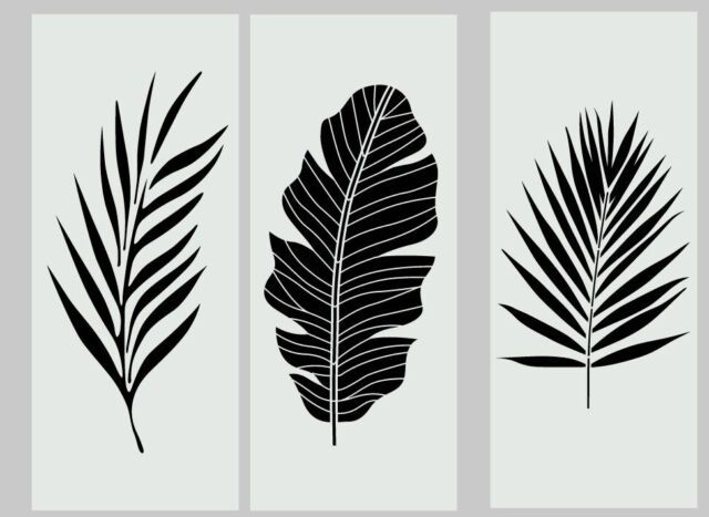 three black and white leaves on a gray background