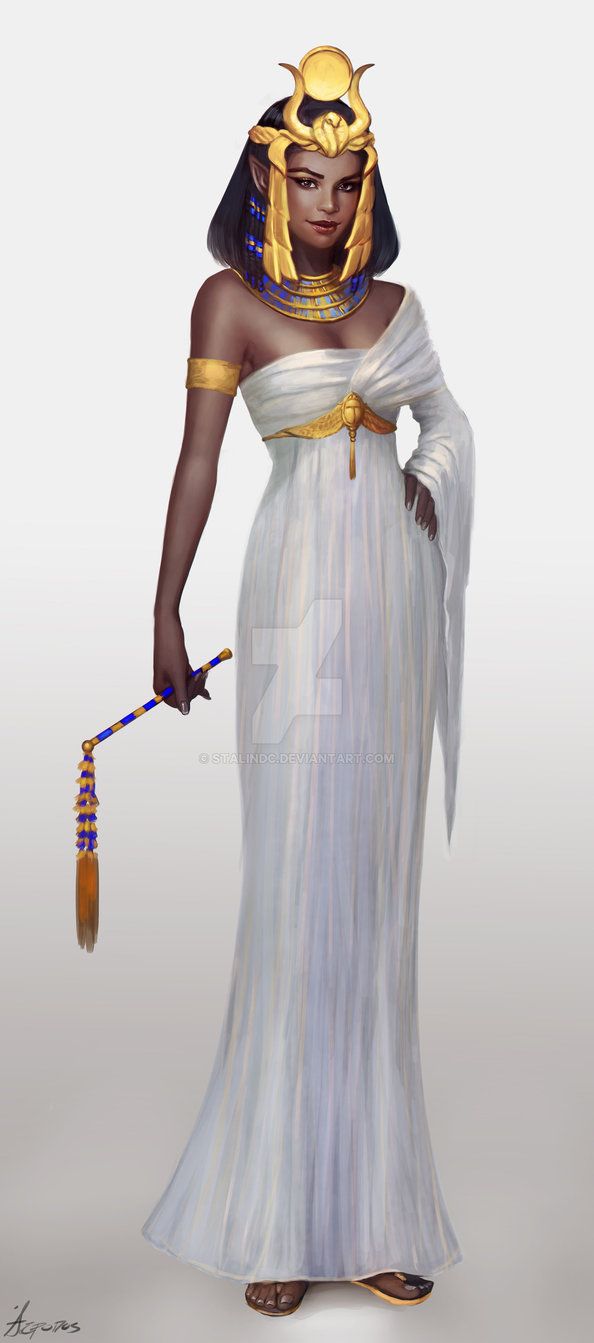 an egyptian woman dressed in white and gold, holding a staff with her hands on her hip