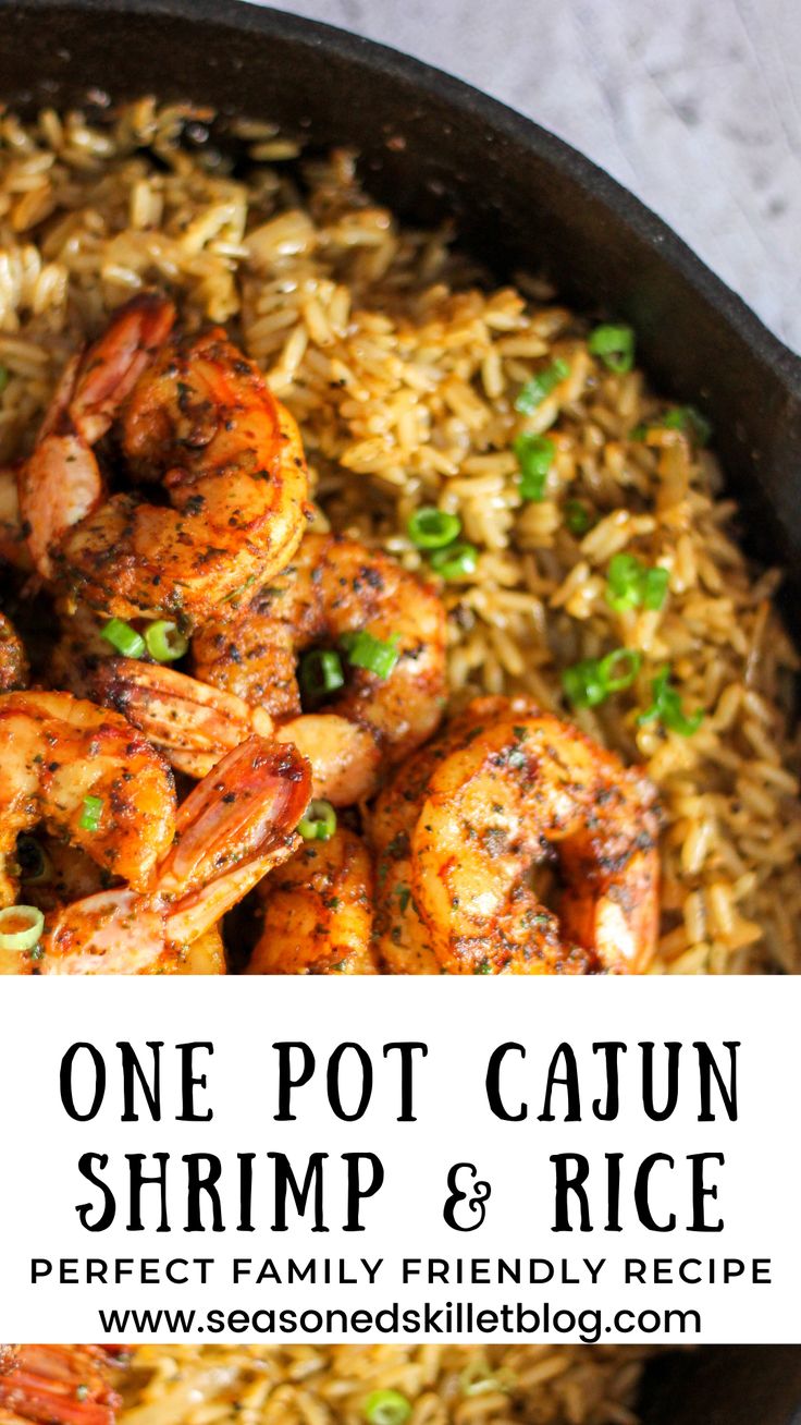 one pot cajun shrimp and rice in a cast iron skillet with text overlay