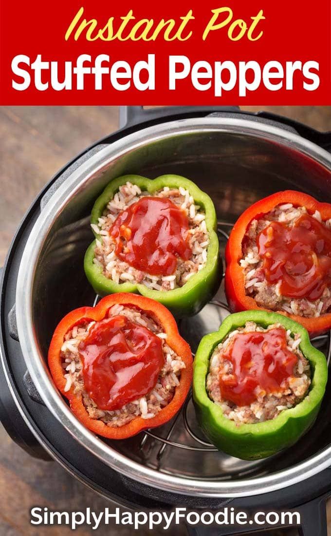 four stuffed peppers in an instant pot with text overlay