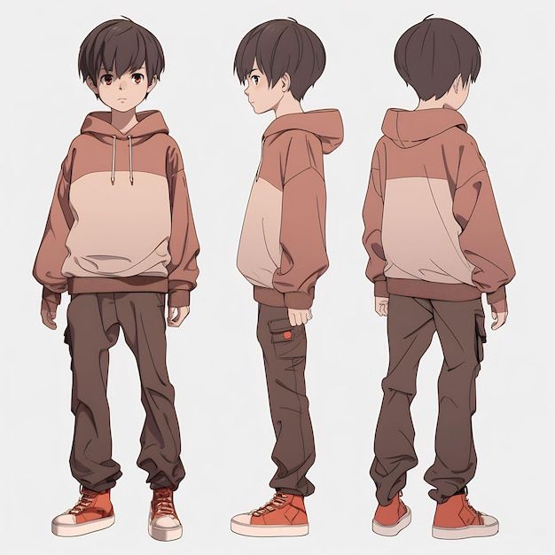 three different views of an anime boy in brown hoodie