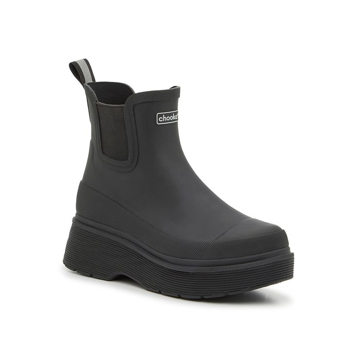 Chooka-Flatform Rain Boot Make the most out of cloudy days by reaching for the trendy Flatform rain boots from Chooka! This simple style features a Chelsea-inspired silhouette and a high platform design that takes your look to the next level. Complete with a waterproof upper and a durable traction sole that will keep you comfortable and safe on your daily commute. Click here for Boot Measuring Guide. Platform Design, Black Rain Boots, Chelsea Rain Boots, Black Rain, Rain Boot, Cloudy Day, Lug Sole, Simple Style, Rain Boots