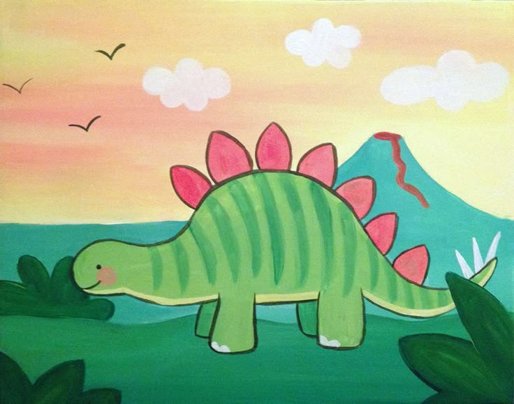 a painting of a green dinosaur with pink flowers