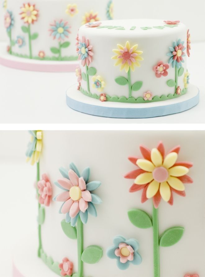 two different cakes decorated with flowers and leaves