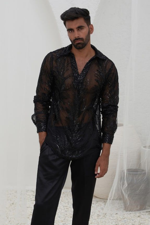 Black full sleeves sheer net shirt with all over cordelia bloom sequin embroideries. - Aza Fashions Matching Lehenga, Black Pleated Pants, Mahima Mahajan, Parker Outfit, Net Embroidery, Nyc Studio, Vacuum Storage, Indian Wedding Wear, Western Wedding