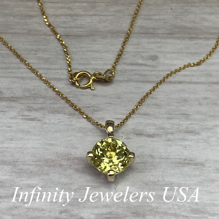 "The pendant pictured is lab created yellow sapphire #6981 -Approximate total carat weight: approx. 1.90ctw diamond equivalent -Center Stone Size: 8mm - approx. 1/90ct diamond equivalent -Center Stone Shape: round -Gem Type: lab created sapphire -Stone Clarity: VS2 -Stone Color: sweet yellow -Moh's Scale: 9 hardness -Metal Type and Purity: 14k white gold -Setting: 4 prong basket head -Chain: delicate 14k gold chain / heavier option with lobster claw available (use dropdown to select -Country of Elegant Yellow May Birthstone Jewelry, Classic Yellow Jewelry As Gift, Gold Sapphire Jewelry With Diamond Cut, Yellow Birthstone Necklaces In Fine Jewelry Style, Fine Jewelry Yellow Necklaces For Anniversary, Yellow Fine Jewelry Necklaces For Anniversary, Yellow Jewelry For May Birthstone, Yellow Birthstone Jewelry For May, Fine Jewelry Yellow Birthstone Necklaces