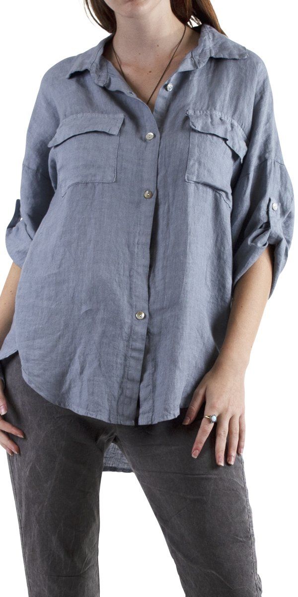 Linen Shirt Button Down With Two Front Flap Pockets. Larger fit. Great tucked or untucked. 100% Linen Made in Italy One Size Model 5'7" Versatile Button-up Blouse With Pockets, Versatile Shirt With Shirttail Hem And Buttons, Versatile Shirt With Buttons And Shirttail Hem, Classic Linen Tops With Snap Buttons, Linen Button-up Tops With Roll-up Sleeves, Versatile Button-up Tops With Roll-up Sleeves, Linen Tops With Button Closure And Shirttail Hem, Relaxed Fit Linen Tops With Snap Buttons, Fall Linen Tops With Snap Buttons