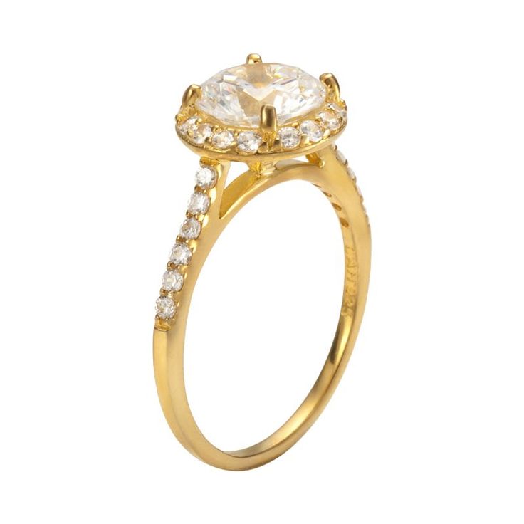 Add eye-catching sparkle to your jewelry collection with this stunning cubic zirconia halo ring. Click on this JEWELRY & WATCHES GUIDE to learn about fit, styles, materials and more!Ring Details: Width: 10 mm Metal: 14k gold over sterling silver Cubic Zirconia Details: Cut: round Setting: prong  Size: 6. Color: White. Gender: female. Age Group: adult. Formal Halo Ring With Lab Grown Diamond, Formal Halo Ring With Lab-grown Diamond, Formal Halo Design Lab Grown Diamond Ring, Formal Lab-grown Diamond Halo Ring, Halo Design Cubic Zirconia Ring For Anniversary, Dazzling Cubic Zirconia Diamond Ring With Halo Design, Dazzling Cubic Zirconia Halo Diamond Ring, Classic Cubic Zirconia Ring With Halo Setting, Cubic Zirconia Halo Ring With Brilliant Cut