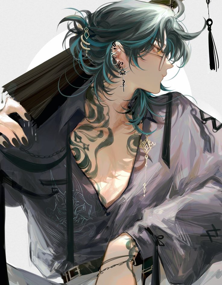 an anime character with blue hair and tattoos