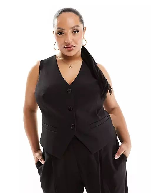 ASOS DESIGN Curve tailored vest in black | ASOS Fitted V-neck Vest For Office, Single-breasted Button-up Vest For Work, Single-breasted Button-up Work Vest, Single Breasted Button-up Work Vest, Tailored Button-up Vest For Workwear, Office Vest With Notch Lapel And Button Closure, Notch Lapel Vest With Button Closure For Office, Classic V-neck Office Vest, Sleeveless Business Casual Blazer With Button Closure