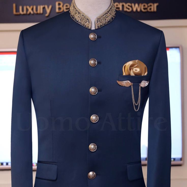 Ink blue embellished prince coat in italian Royal Blue Long Sleeve Suit For Wedding, Luxury Blue Suits For Festive Season, Luxury Blue Suits For Festive Occasions, Winter Wedding Blue Blazer, Blue Stand Collar Blazer For Formal Occasions, Formal Blue Stand Collar Blazer, Elegant Blue Outerwear With Intricate Embroidery, Elegant Blue Festive Outerwear, Formal Long Sleeve Embellished Nehru Jacket