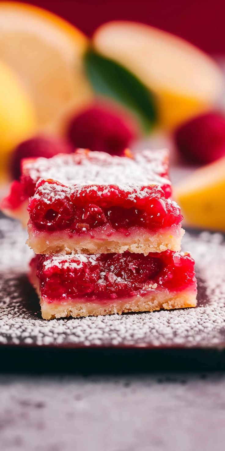 two pieces of raspberry cheesecake on a plate with lemons in the background