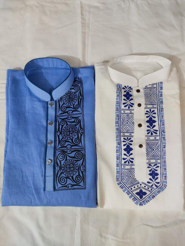 two men's shirts with blue and white designs on them