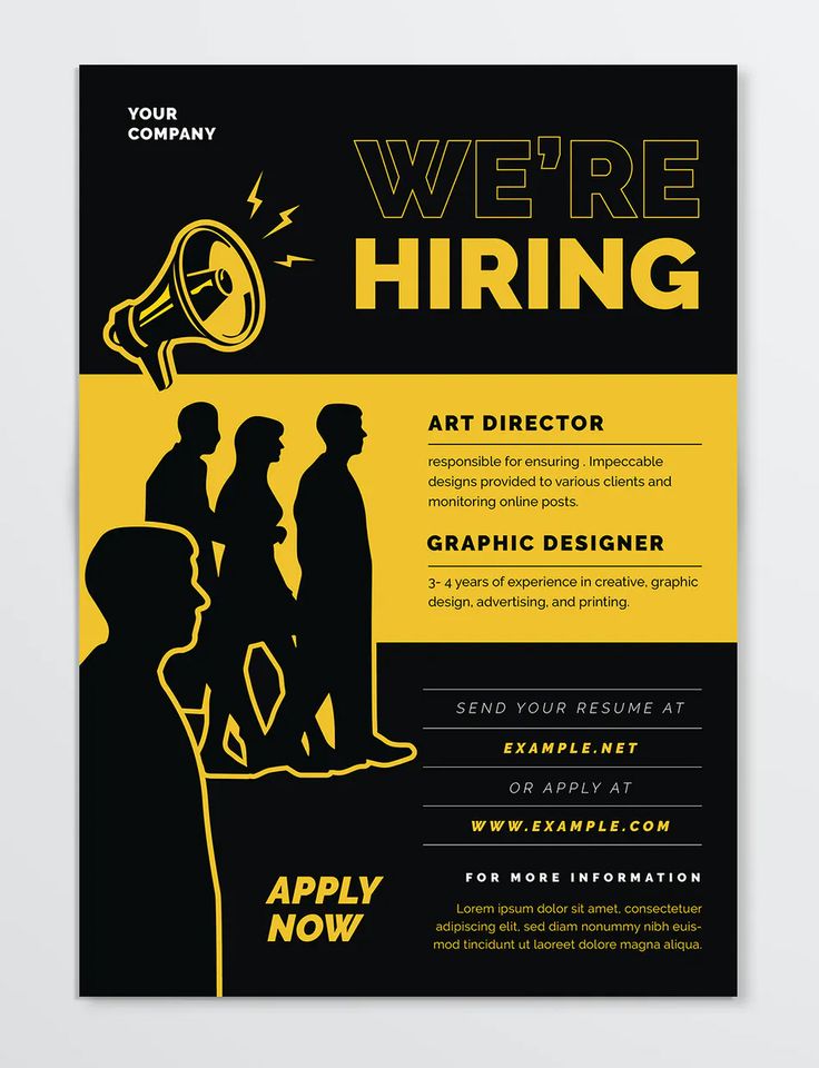 a poster with the words we're hiring on it and an image of people talking to