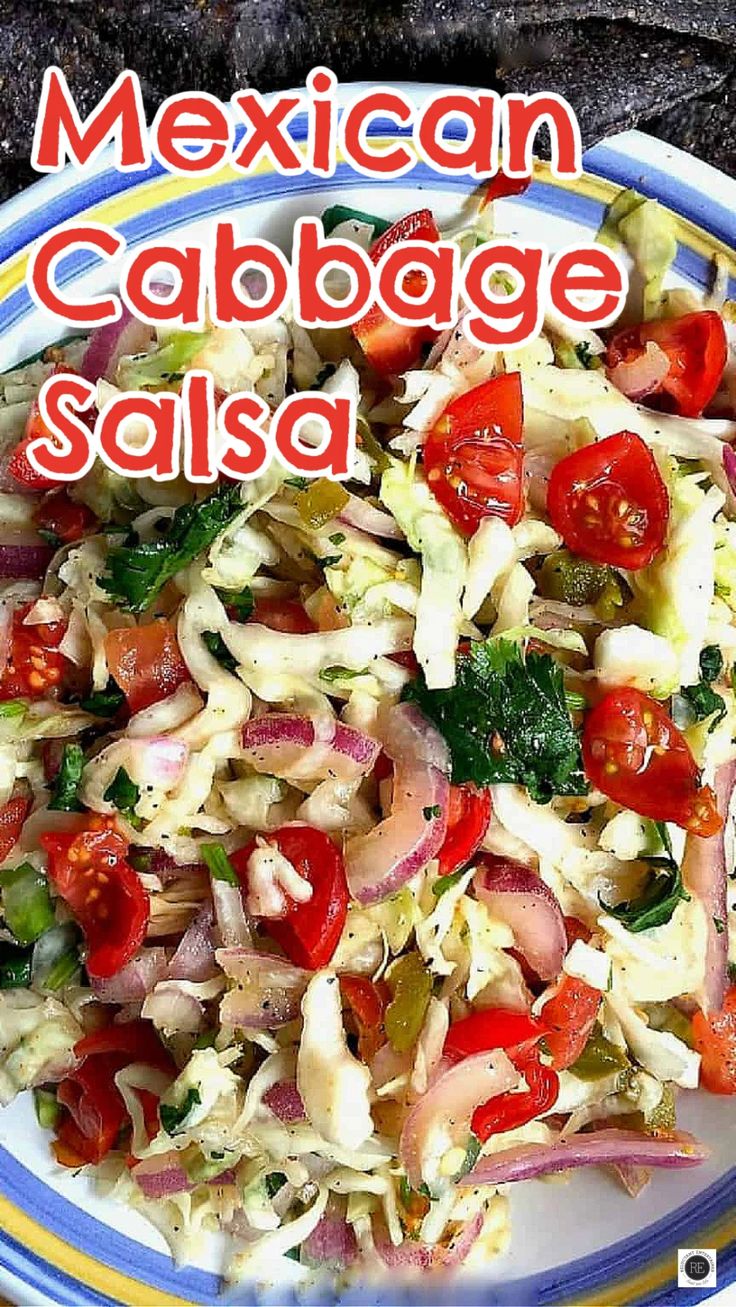 mexican cabbage salad with tomatoes and onions on a plate