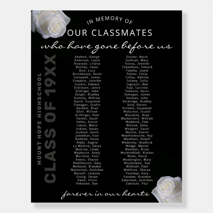 a black and white poster with the words in memory of our classmates who have gone before us