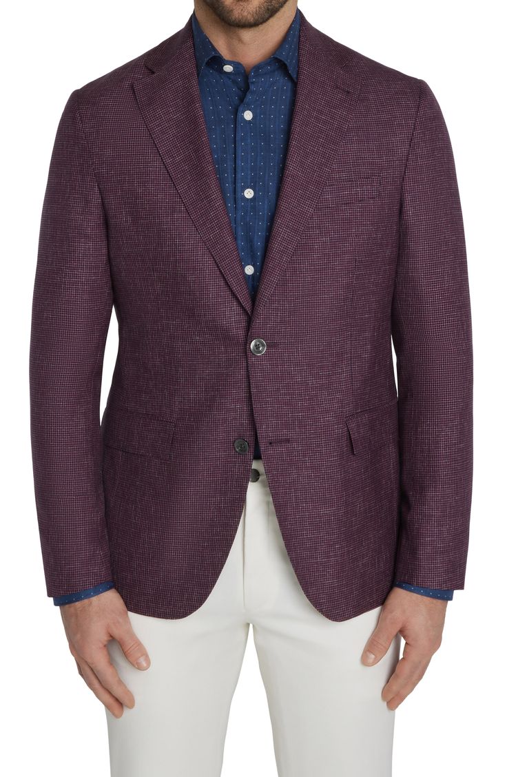 A houndstooth check woven in dusky purples distinguishes a sport coat crafted from Italian wool with a softer profile that's ideal for semiformal occasions. 29 1/2" length (size 40R) Notched lapels Nonfunctional four-button cuffs Side vents Chest welt pocket; front flap pockets Partially lined 99% wool, 1% elastane Dry clean Made in Canada Burgundy Sport Coat Outfit Men, Purple Business Outerwear For Spring, Purple Notch Lapel Blazer For Business, Spring Business Blazer In Purple, Spring Purple Business Outerwear, Purple Single Breasted Outerwear For Business, Business Purple Outerwear With Lapel Collar, Purple Business Outerwear With Lapel Collar, Classic Purple Blazer For Business