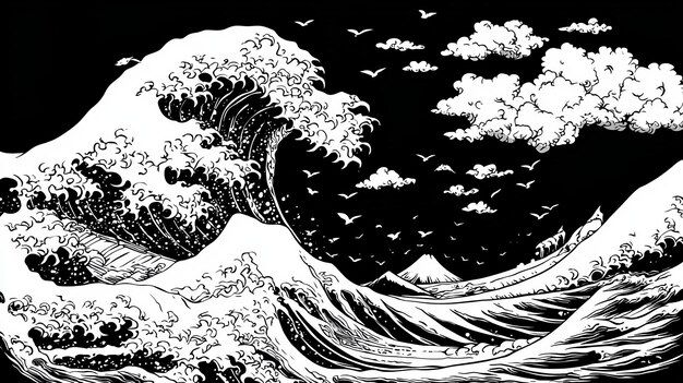 an ink drawing of the great wave in black and white with birds flying over it