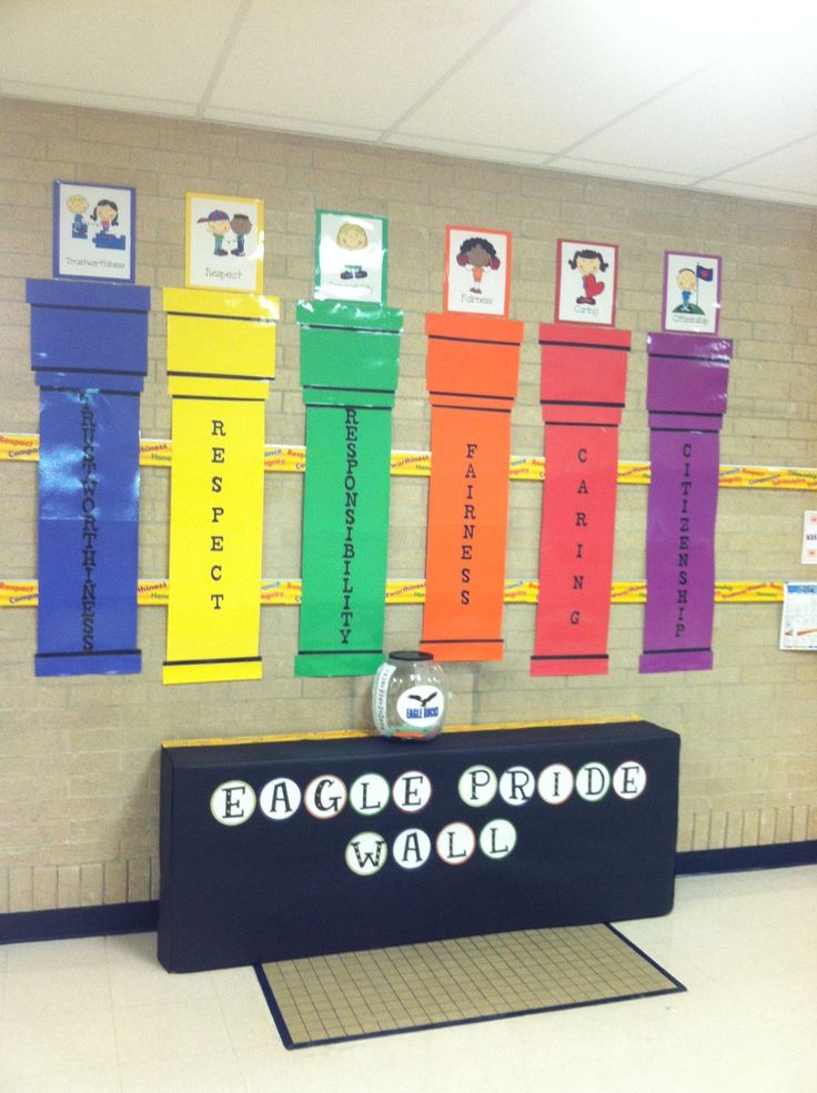 a classroom wall decorated with colorful posters and magnets