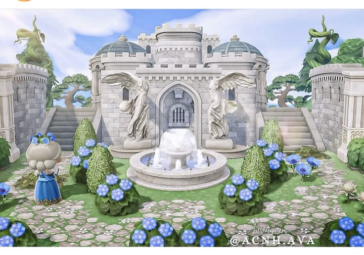 an artistic painting of a castle with statues and flowers in the foreground, surrounded by blue hydranges