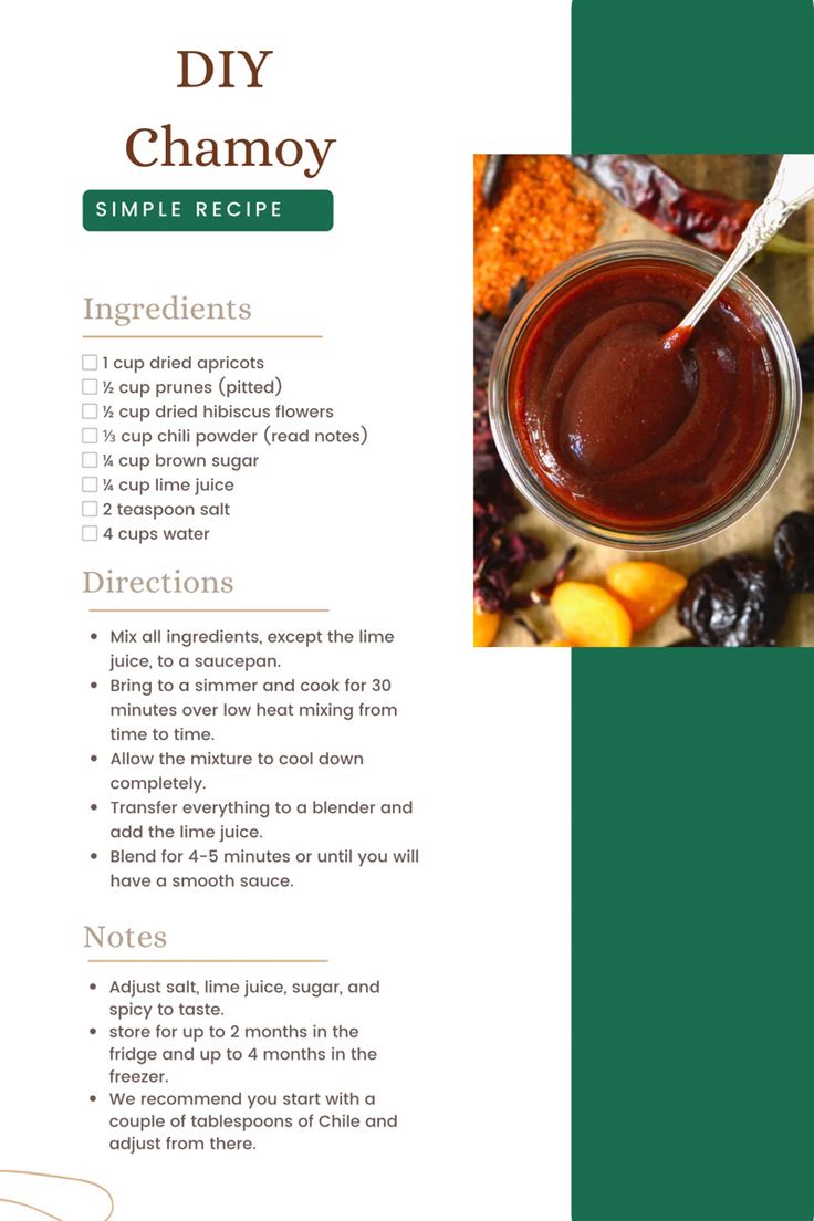 the recipe for diy chamoy is shown in this brochure format