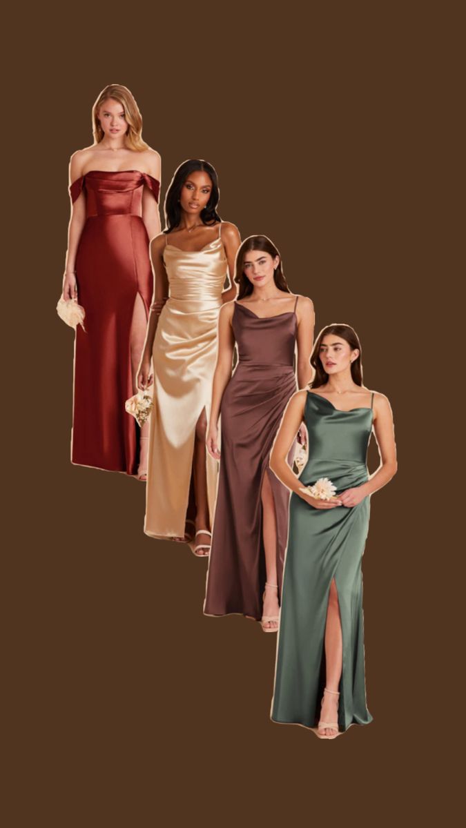 four women in long dresses standing side by side, all wearing different colored gowns