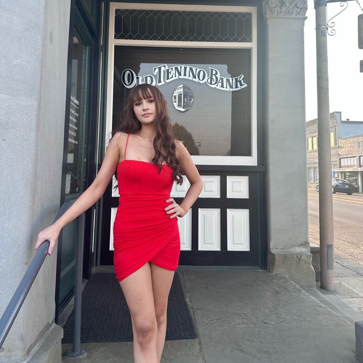 Homecoming Dress Worn Once, Has A Cross Cinching Back Red Fitted V-neck Mini Dress, Red V-neck Mini Dress, Red V-neck Mini Dress For Beach Season, Red Homecoming Dress, Red V-neck Mini Dress For Club, Red Fitted Button-up Mini Dress, Red Homecoming Dresses, A Cross, Homecoming Dress