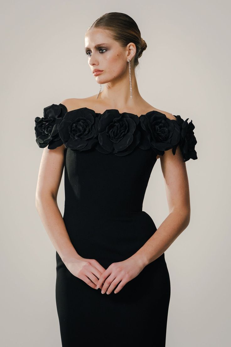 Flowers On Shoulder, Add Sleeves, Off Shoulder Gown, Trumpet Skirt, Black Off Shoulder, Rosé Details, Fitted Style, Rose Flowers, Hook Eye