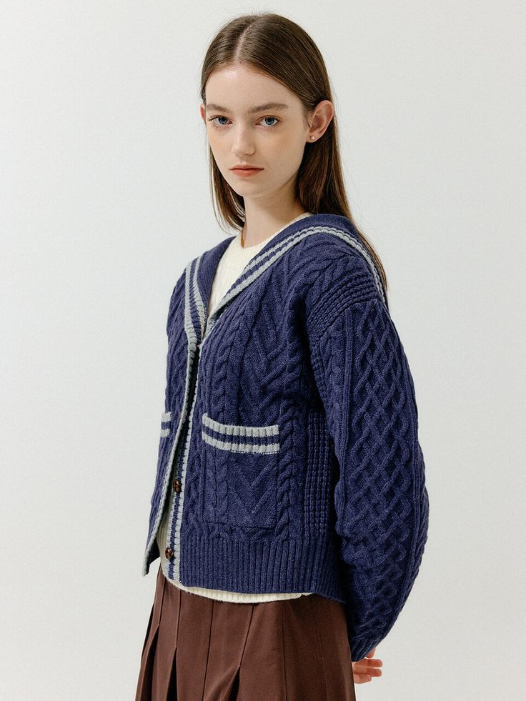 Sailor Collar Cardigan, Sailor Cardigan, Nautical Aesthetic, Outfit Cardigan, Cable Cardigan, Cable Knitting, Deep Autumn, Sailor Collar, Collar Cardigan