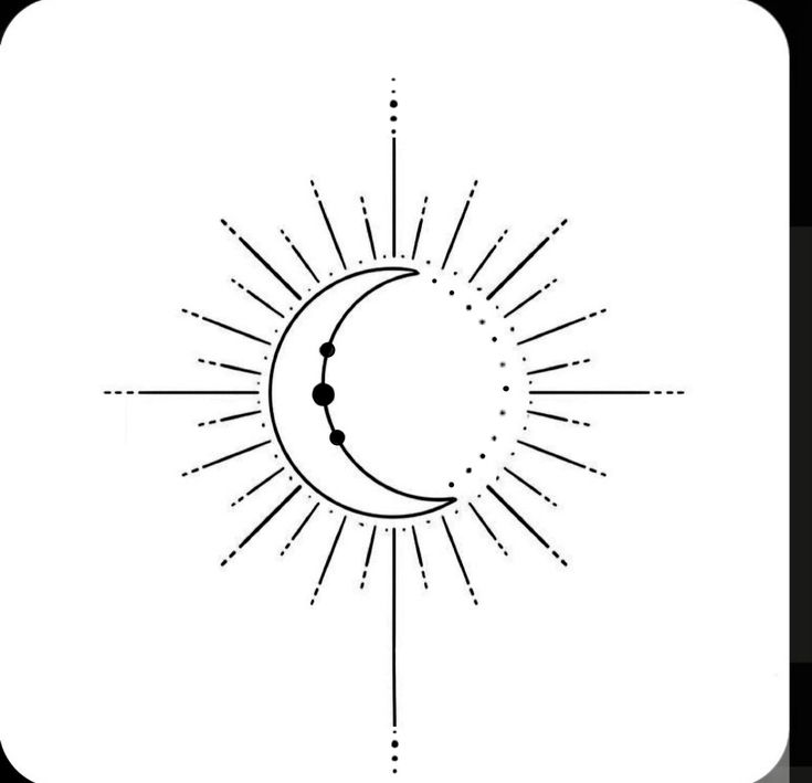 the sun and half moon are shown in this black and white image, with lines going through it