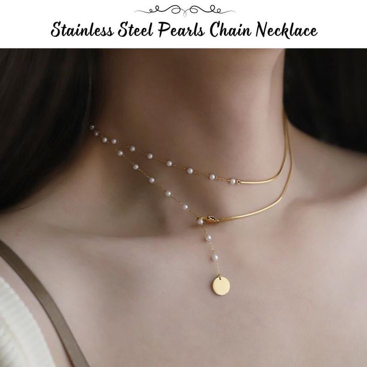 𓍯𓂃𓏧Stainless Steel Imitation Pearls Chain Necklace𓍯𓂃𓏧 Elevate your elegance with this exquisite Stainless Steel Imitation Pearls Chain Necklace, a perfect blend of timeless beauty and modern sophistication. Designed for the contemporary woman who appreciates classic charm, this necklace is a stunning addition to any jewelry collection.          Features of the necklace: Pearl Type: Imitation Pearls ( !Please note that the pearls used in this necklace are imitation pearls) Pearl Color: Whit Minimalist Pearl Jewelry, Minimalist Gold Pearl Necklace With Chain, Elegant Layered Necklace With Adjustable Chain, Elegant Round Layered Necklace With Adjustable Chain, Round Metal Layered Necklace In Minimalist Style, Elegant Layered Necklace With Pearl Pendant As Gift, Elegant Layered Necklace With Pearl Pendant For Gifting, Elegant Silver Layered Necklace For Gift, Minimalist Layered Metal Necklace