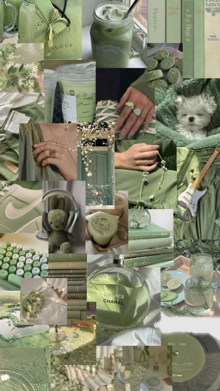 a collage of green and white items