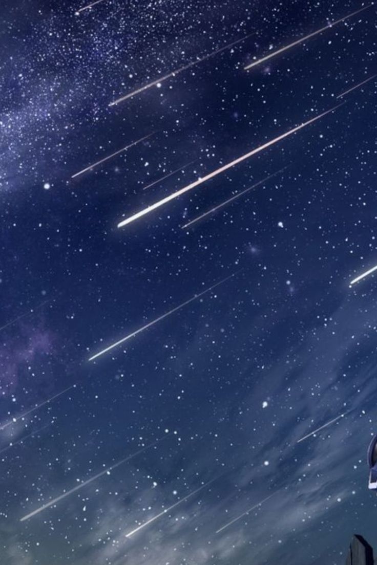 the night sky is filled with stars and shooting comets in the foreground, as well as an airplane flying overhead