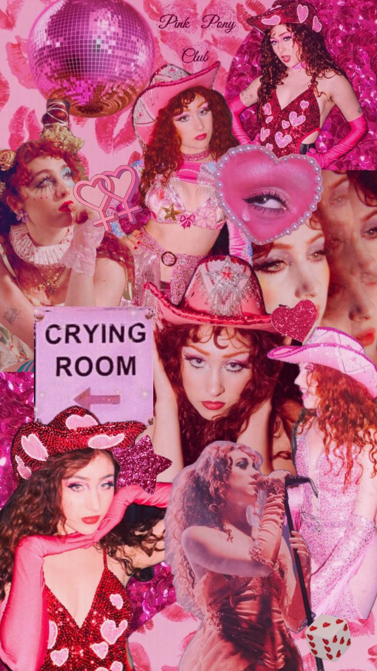 a collage of women in pink and red outfits with hats on top of them