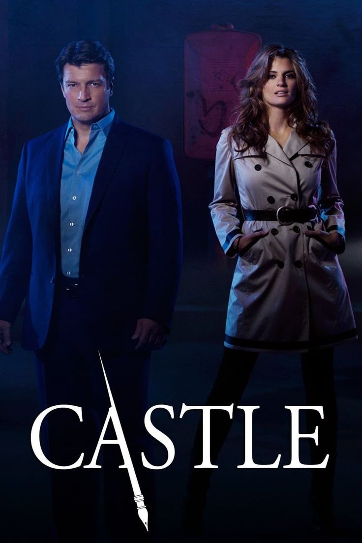 the cast of castle standing next to each other in front of a dark background with an arrow