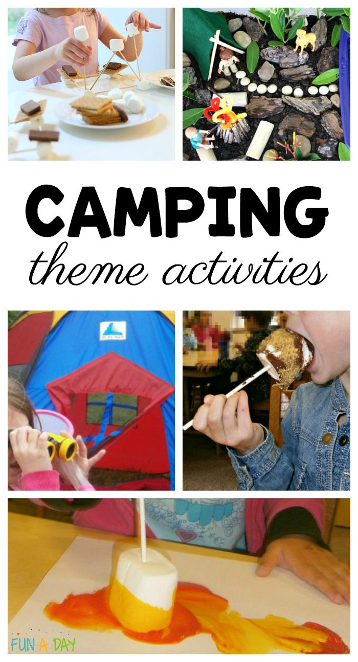 there is a collage of pictures with the words camping theme activities on it and in front of them